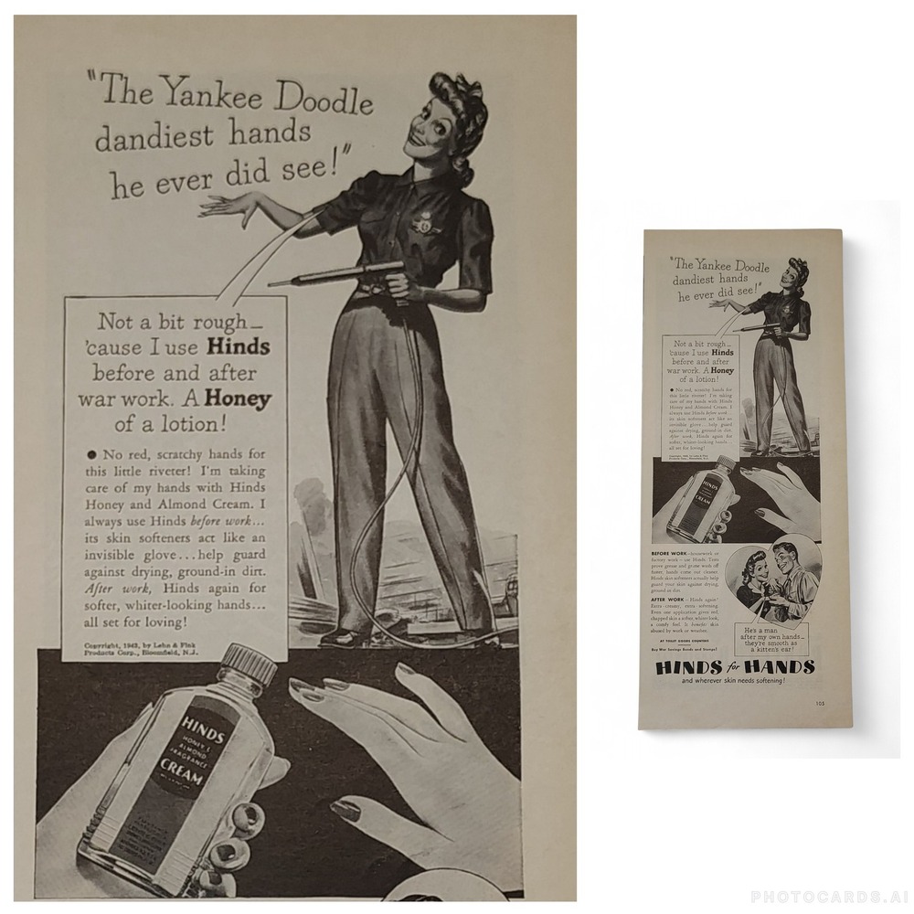 1943 Yankee Doodle Dandiest War Work Lotion Hinds Hand Print Ad Military Uniform